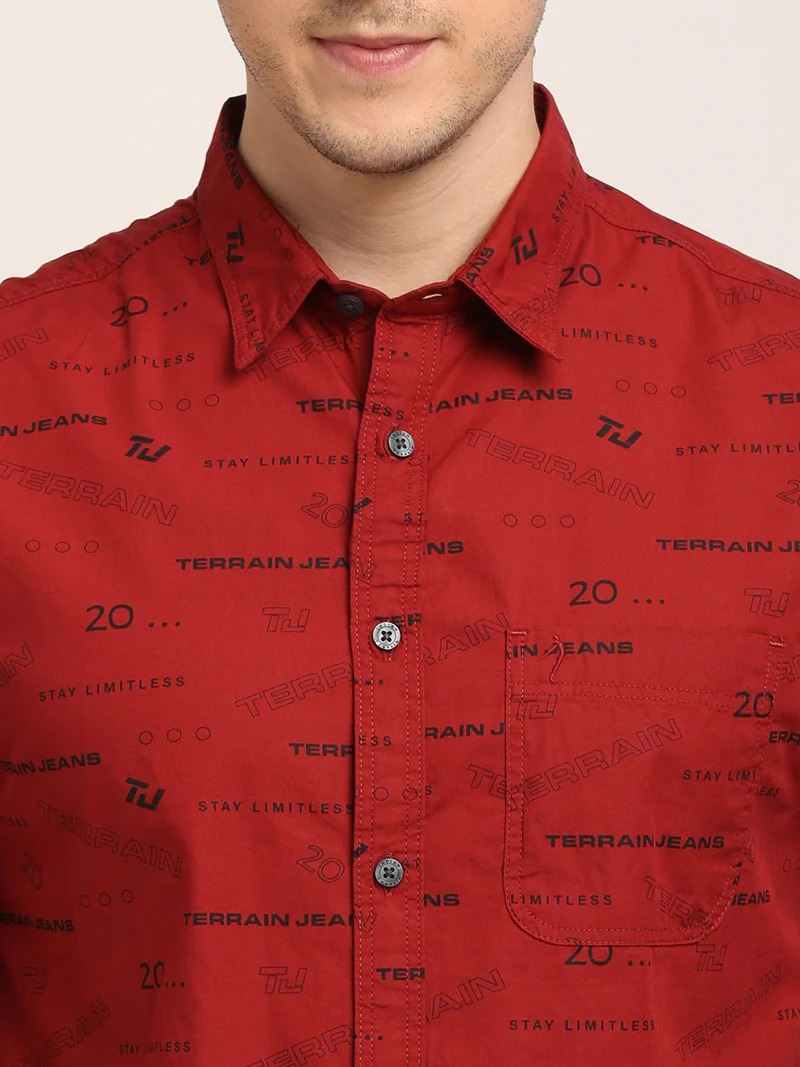 Indian Terrain Men's Slim Fit Full Sleeve Typography Maroon Shirt